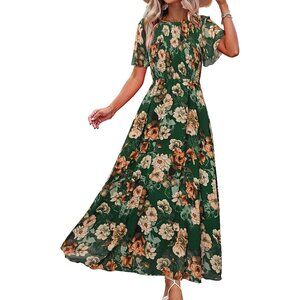 Women's Floral Green Chiffon Flowy Flutter Short Sleeve Crew Neck Summer Maxi